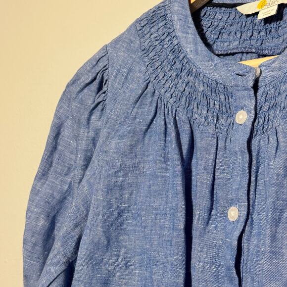 Women's Size 6/S Boden Ada Linen Top Short Puff Sleeve Denim Smocked Button Up - Picture 5 of 6